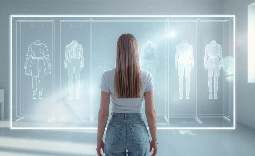 AI Clothing 2025 concept – futuristic fashion model standing near a smart mirror with holographic outfit changing in real-time.