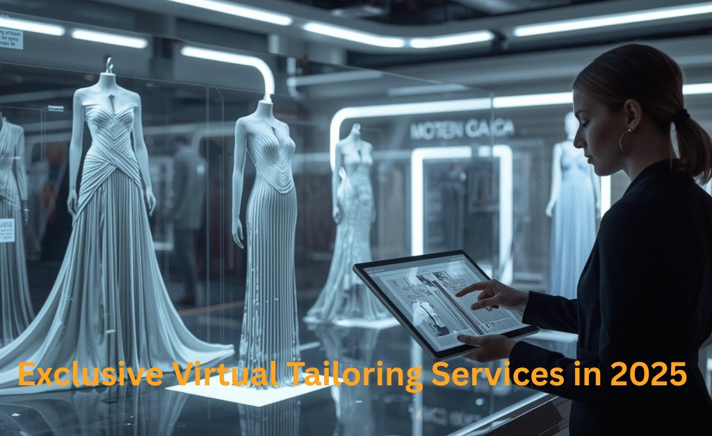 Futuristic AI tailoring studio with holographic screens showing virtual dresses, customer uploading measurements on a tablet, and a digital model previewing outfits before stitching in 2025