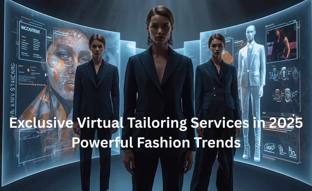 Futuristic virtual tailoring studio with holographic fashion screens and stylish models showcasing AI-powered designs in 2025.