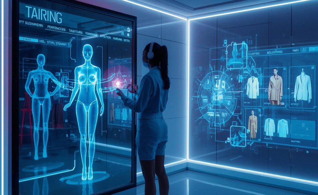 AI-powered tailoring in 2025 showing AR mirror with customer trying clothes virtually and AI assistant recommending outfits.