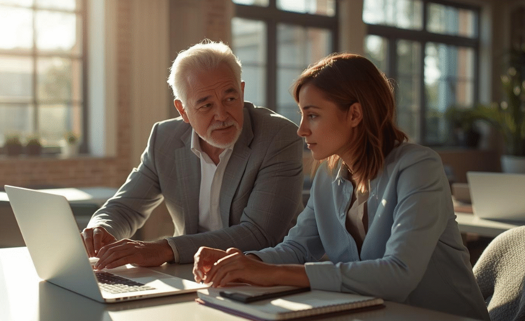 The Intern lessons visual showing a mentor guiding young professionals, symbolizing curiosity, discipline, empathy, and relevance in today’s fast-paced world.
