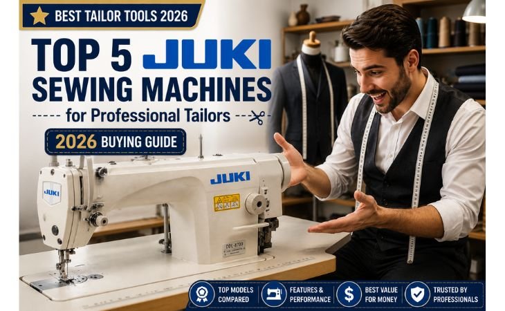 JUKI Sewing Machine displayed in a tailoring workshop while a professional tailor reviews the machine for garment production in 2026