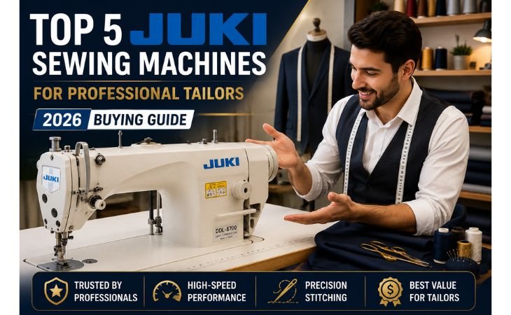 JUKI Sewing Machine displayed in a professional tailoring workshop with a tailor reviewing the best industrial sewing machines for 2026