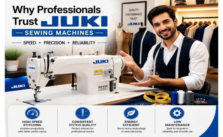 JUKI Sewing Machine displayed in a professional tailoring workshop with a tailor presenting its speed, precision, reliability, and stitching performance.