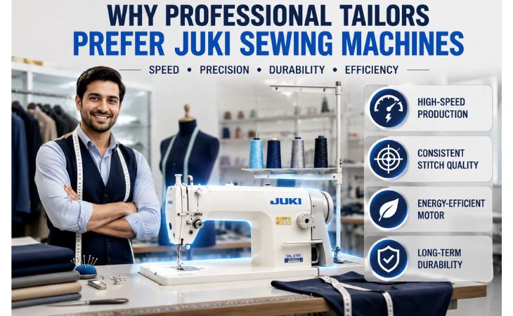 JUKI Sewing Machine in a professional tailoring workshop showing high-speed production, consistent stitch quality, energy-efficient motor, and long-term durability for professional tailors.
