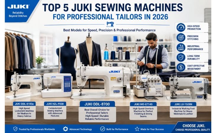 JUKI Sewing Machine comparison showing the top 5 JUKI sewing machines for professional tailors in 2026, including JUKI DDL-8700, DDL-8100e, HZL-F600, MO-6714S, and LU-1508N.