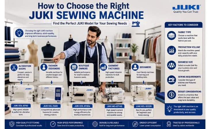 JUKI Sewing Machine selection guide showing the best JUKI models for alteration shops, fashion designers, boutique owners, garment factories, and beginners in a professional tailoring studio.