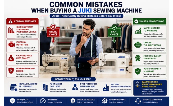 JUKI Sewing Machine buying guide showing common mistakes and smart buying decisions for professional tailors, fashion designers, boutique owners, and garment manufacturers.
