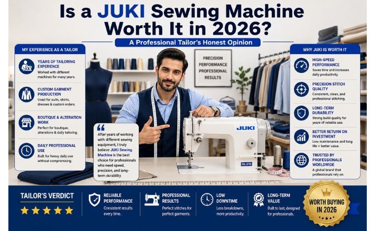 JUKI Sewing Machine recommended by a professional tailor in 2026, highlighting reliability, stitch quality, durability, and long-term value for tailoring businesses.