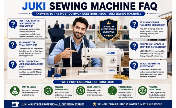 JUKI Sewing Machine FAQ infographic answering common questions about beginners, durability, tailoring businesses, alterations, reliability, and sewing machine performance.