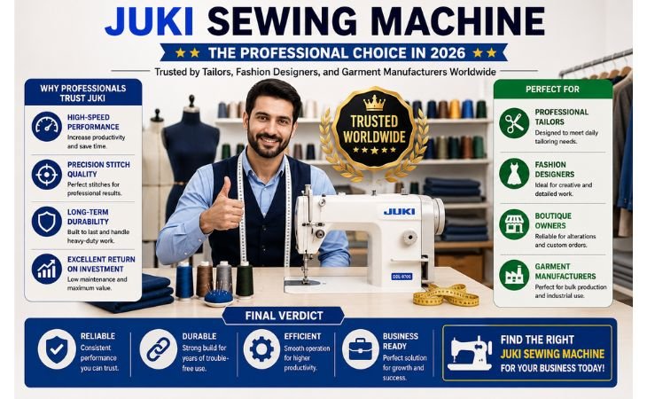 JUKI Sewing Machine recommended by professional tailors in 2026, highlighting durability, precision stitching, high-speed performance, and long-term business value.