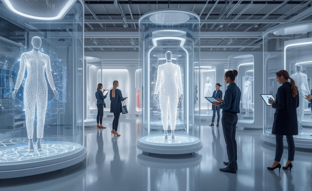 AI Tools and Technologies in Fashion Design – digital fashion simulation, fabric selection interface, and trend prediction with powerful AI tools.