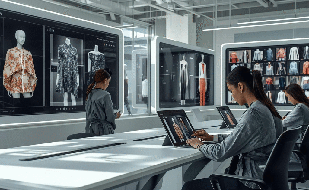 AI Tools and Technologies in Fashion Design – digital fashion simulation, fabric selection interface, and trend prediction with powerful AI tools