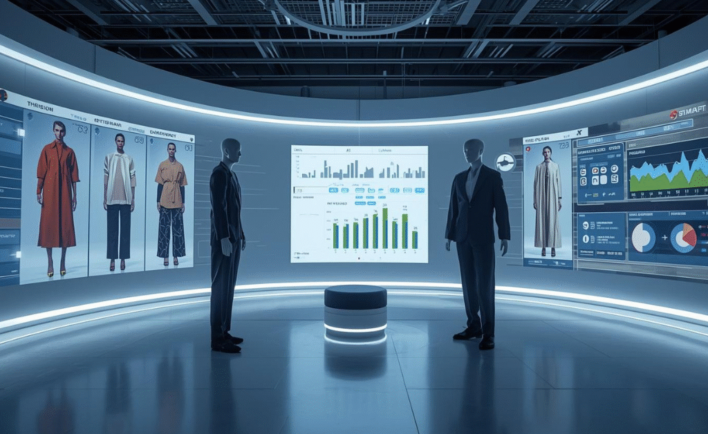 Intelligence in Fashion showing AI innovations: digital design studios, market analytics, and smart clothing technology for modern fashion industry