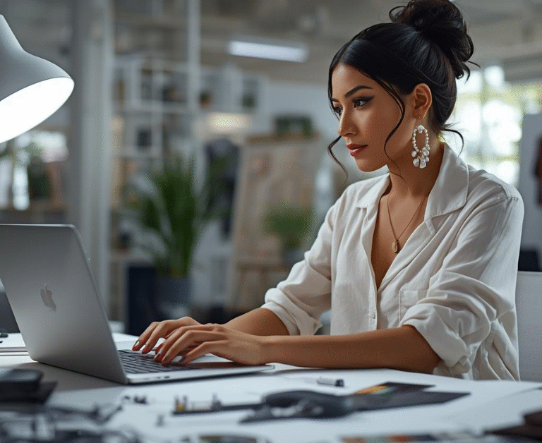 3D clothing design online workspace in 2025 showing designer using virtual tools for fashion creation.