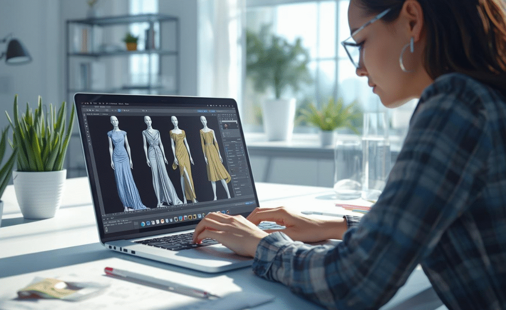 3D Clothing Design Online 2025 – Digital designer creating clothes on laptop with virtual fitting room preview
