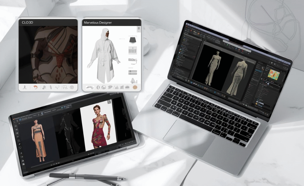3D Clothing Design Online – CLO 3D and Marvelous Designer tools displayed on laptop with virtual fashion workspace
