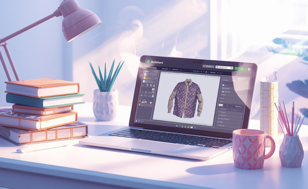 3D Clothing Design Online – Learning platforms like Skillshare and Udemy for fashion design beginners on laptop with virtual classroom concept