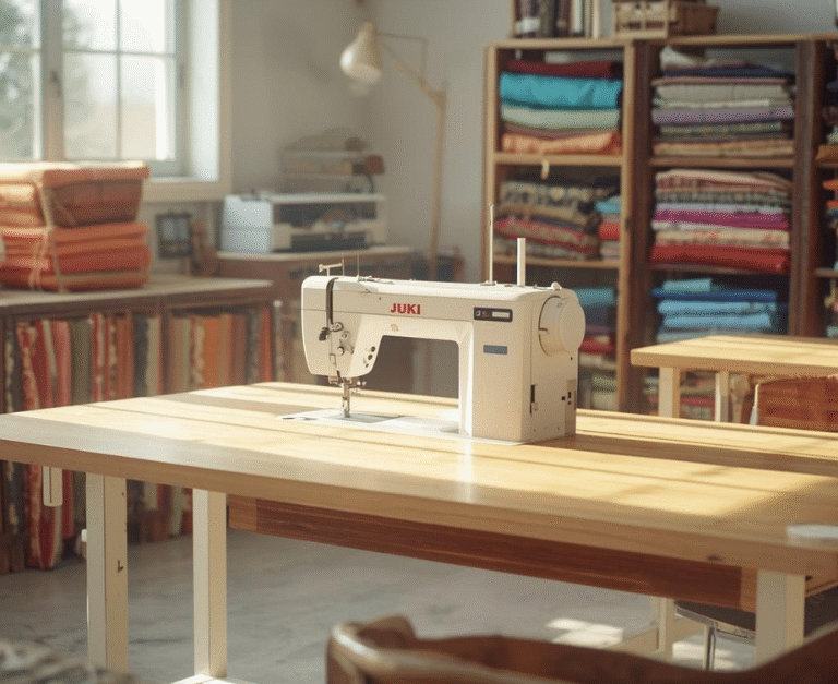JUKI Sewing Machine 2025 – Professional tailor workspace with modern sewing machine setup