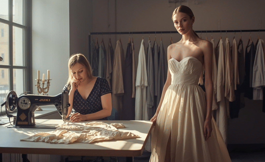 JUKI Sewing Machine 2025 – tailor working with model in fashion studio, showcasing professional workflow
