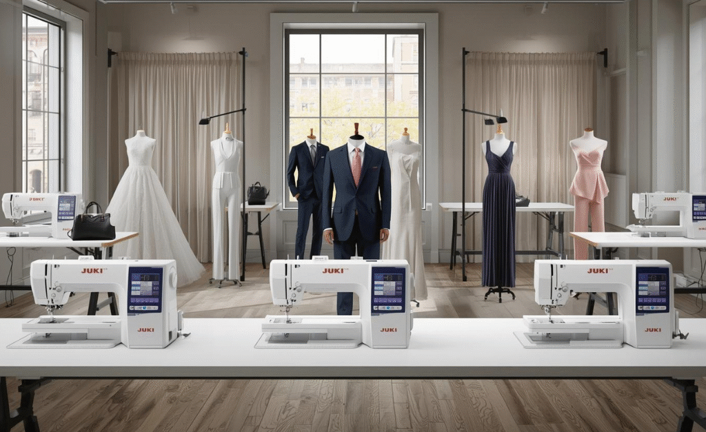 JUKI Sewing Machine 2025 – Top 5 Models displayed with custom dresses and tailoring setup
