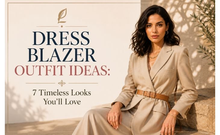 Dress blazer Outfit accessories, elegant woman styling a dress blazer with a slim belt, gold jewelry, and modern handbag.
