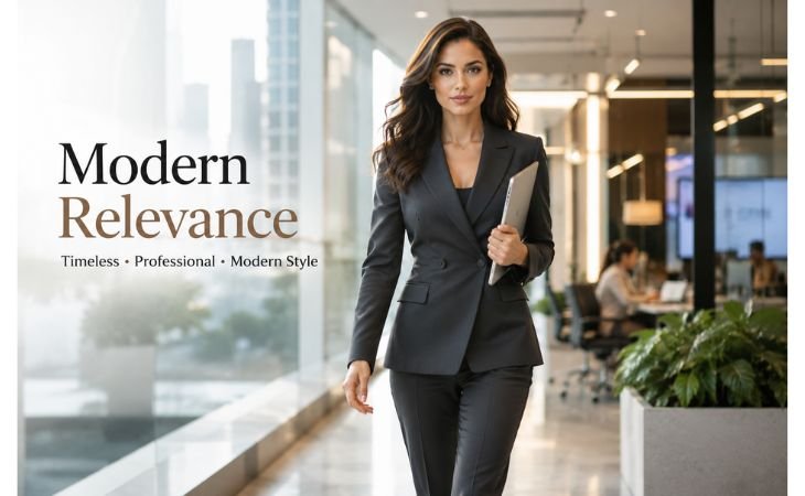 Dress Blazer Outfit Ideas featuring a confident professional woman wearing a tailored dark dress blazer while walking through a modern office, symbolizing timeless elegance and modern business style.
