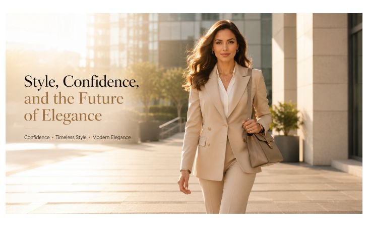 Dress Blazer Outfit Ideas featuring a confident woman wearing a perfectly tailored beige dress blazer while walking through a modern business district, showcasing timeless elegance, confidence, and professional style.
