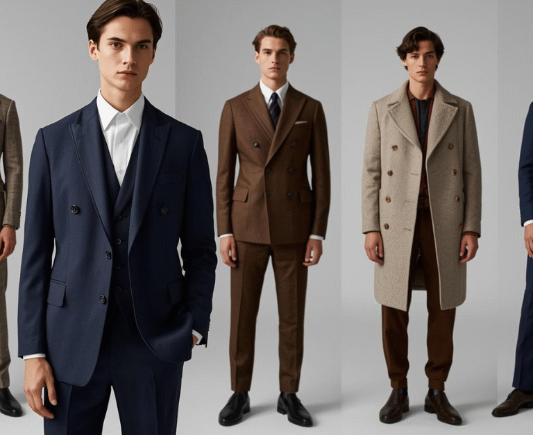 Models showcasing mens suit trends 2025 with relaxed fits, eco-friendly fabrics, and modern tailoring for weddings and winter fashion.