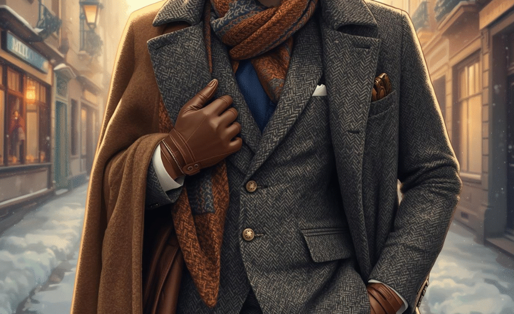 Men’s Suit Trends 2025 featuring cold-weather fabrics and textures with a wool overcoat, scarf, and leather gloves for winter elegance.
