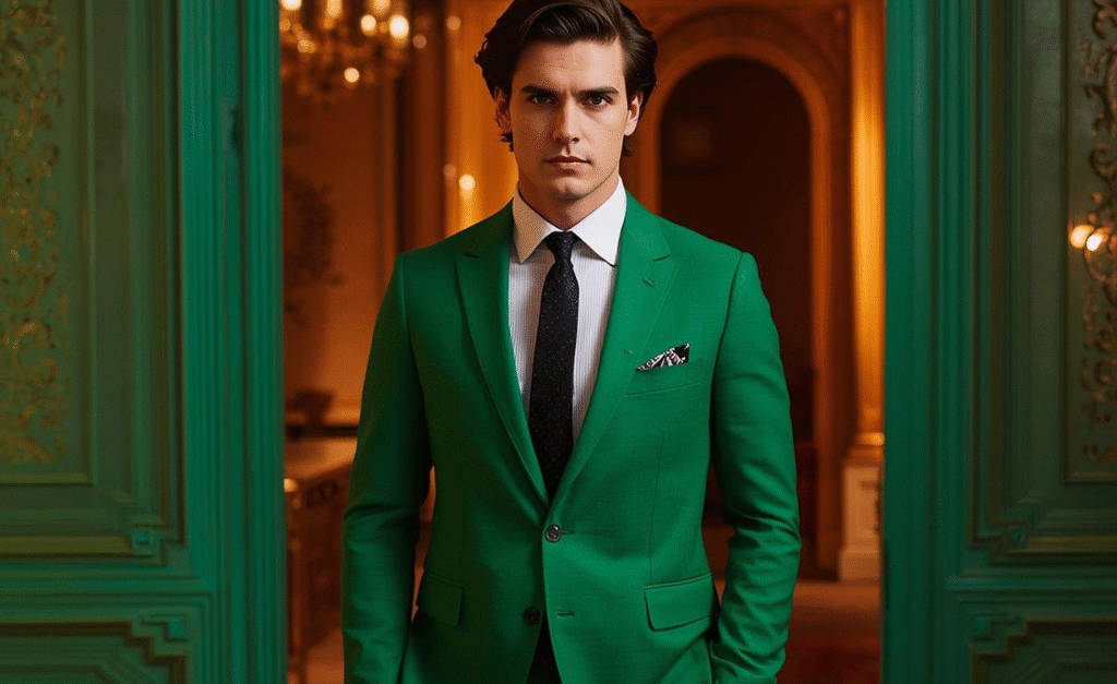 Men’s Suit Trends 2025 showcasing trending colors in men’s suits with a bold green suit styled for modern elegance.
