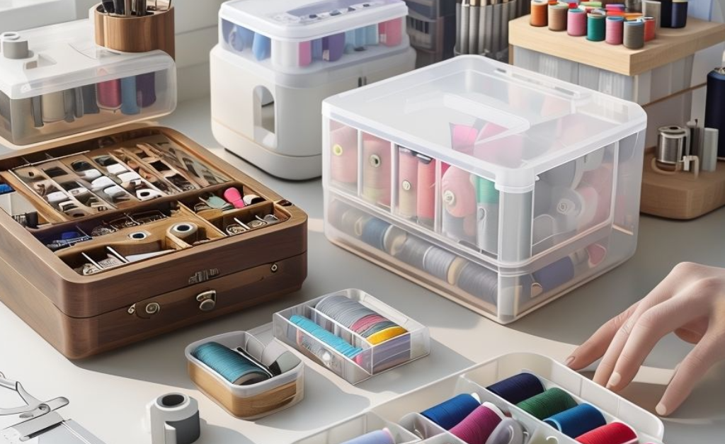 Best Sewing Organizer Boxes 2025 displayed in a clean sewing workspace with multiple organizer box styles arranged neatly.