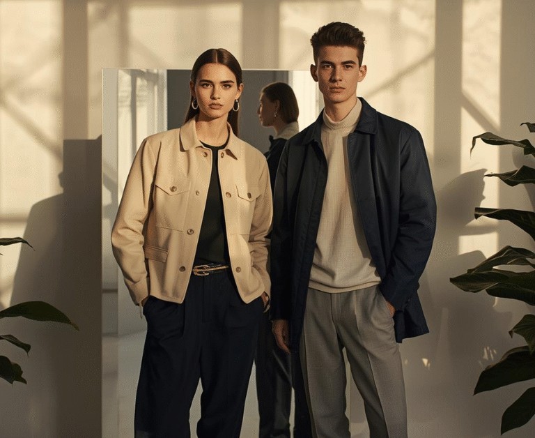 A confident woman standing in front of a mirror wearing a stylish blazer, symbolizing the connection between psychology and fashion — how clothing influences confidence, mood, and personal identity.