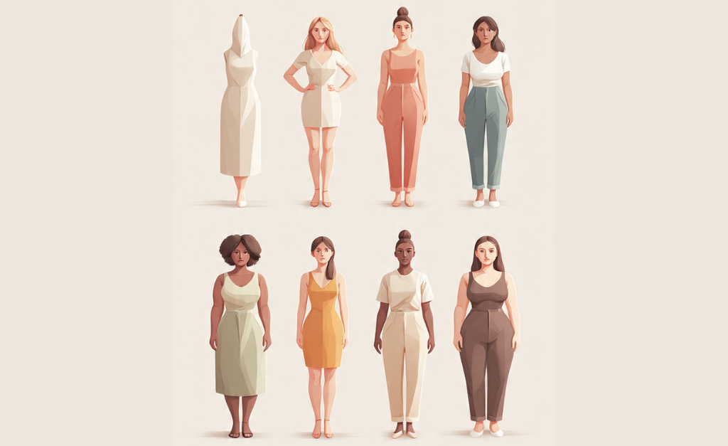 Understanding female body shapes guide showing pear, apple, rectangle, and hourglass body types