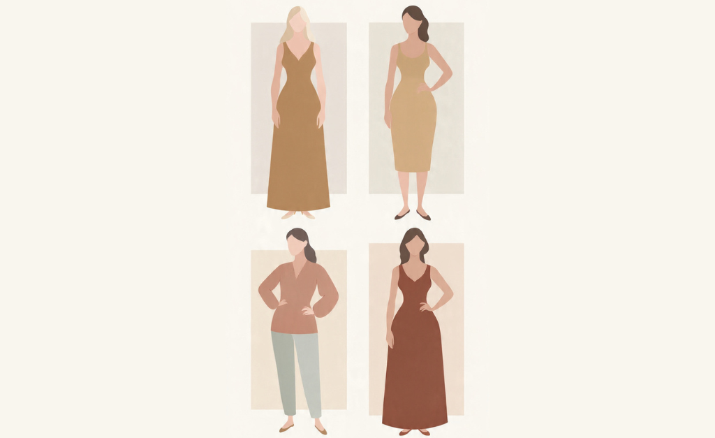 Understanding female body shapes showing different women silhouettes to explain how body structure affects clothing fit and balance