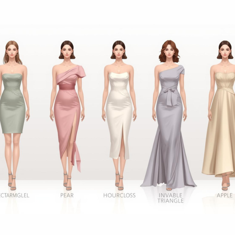 how to dress body shape feature image showing five women with different body shapes wearing elegant dresses.