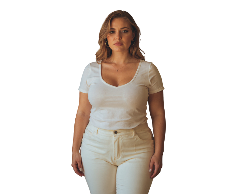 Pear body shape dressing mistakes showing unbalanced outfit with tight pants and unstructured top highlighting hips and thighs