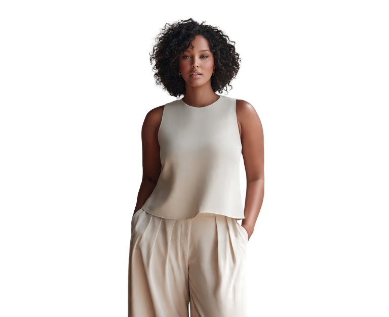 Pear body shape clothing showing the importance of proper fit and fabric for balanced proportions.