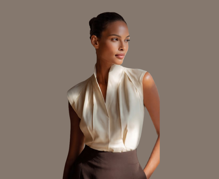 Pear body shape clothes guide showing balanced outfit with structured top and simple lower body for better proportions