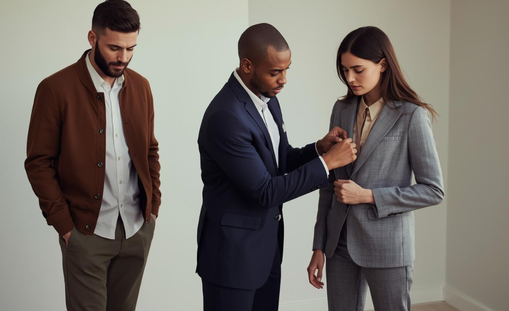 Fashion trends shown on real bodies as a tailor adjusts clothing for everyday movement and comfort
