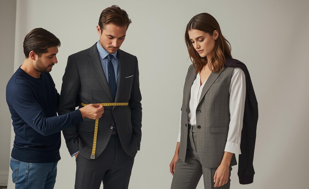 fashion trends explained through a tailor fitting clothes on real men and women
