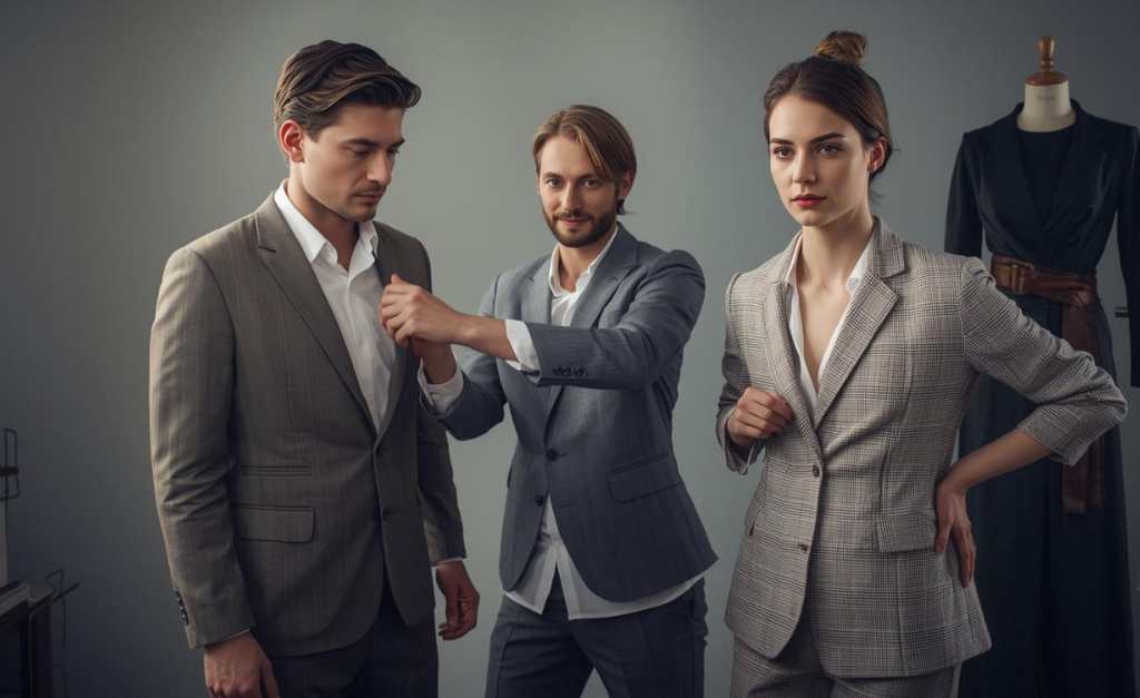 Fashion trends explained through a tailor fitting clothes on a man and a woman with real body proportions
