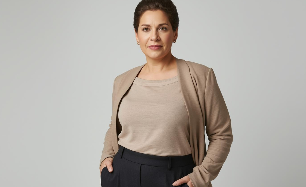 Apple body shape for women wearing balanced and well-fitted clothing designed for comfort, confidence, and natural body proportions