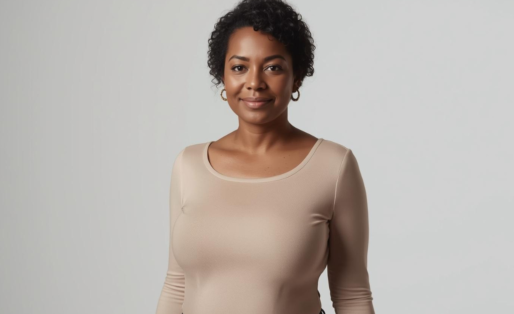 Apple body shape for women wearing balanced and well-fitted clothing designed for comfort, confidence, and natural body proportions