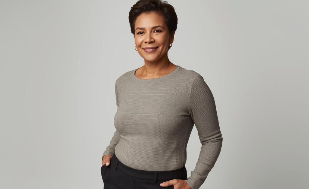 Apple body shape for women wearing balanced and well-fitted clothing designed for comfort, confidence, and natural body proportions