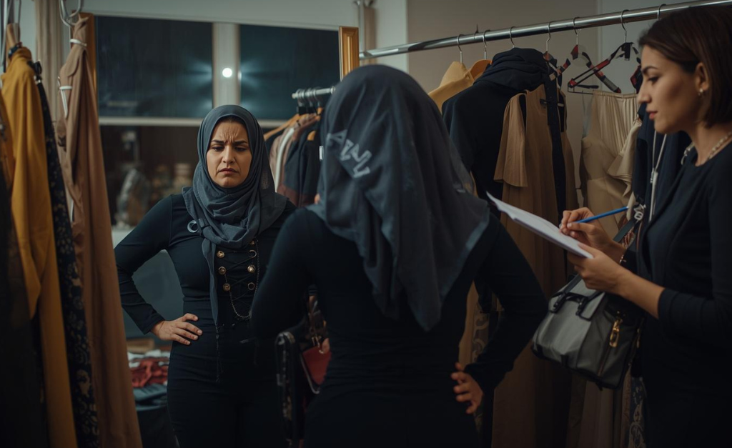 Hourglass body shape for women struggling with unsuitable fashion trends while a tailor observes