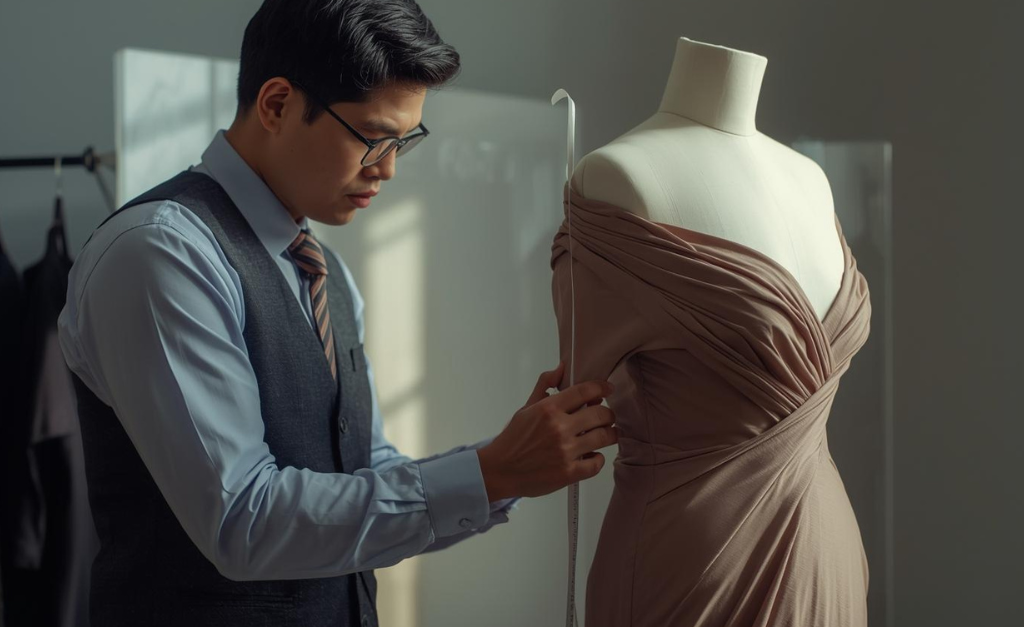 Tailor examining an hourglass body shape woman’s natural lines and fabric fit