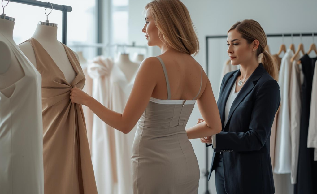 Hourglass body shape for women wearing soft-structured clothing, observed by a professional tailor adjusting fit and fabric flow.
