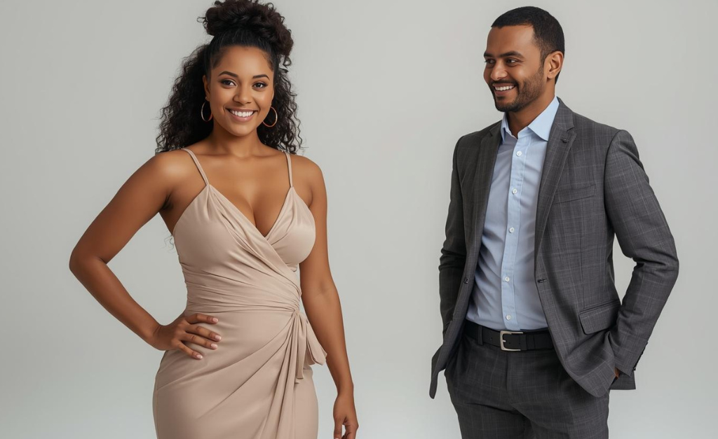 Hourglass body shape for women wearing a balanced, elegant outfit, showcasing natural curves with confidence while observed by a professional tailor.
