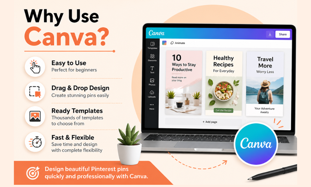 why use Canva for Pinterest pins showing easy drag and drop design templates and beginner friendly features
